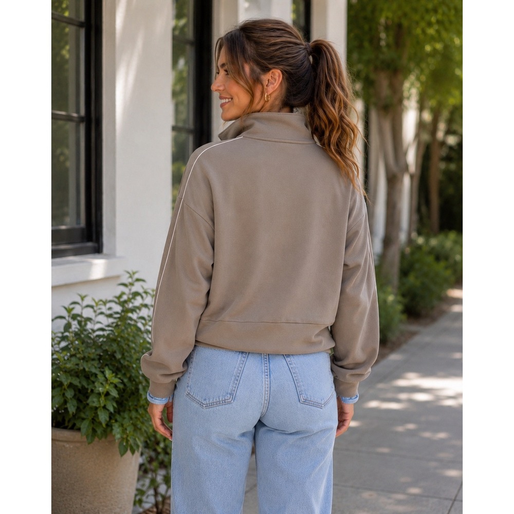 New Member's Mark Pullover Womens L Taupe Sandwash Half Zip Piping Activewear - Picture 3 of 16